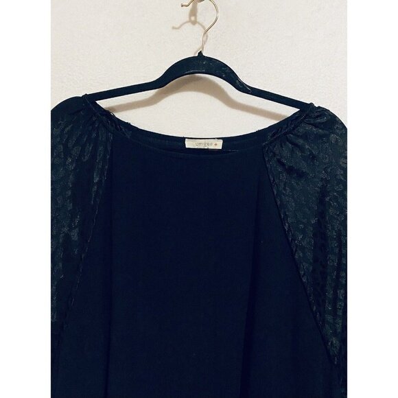 Umgee Top Womens XL Black Leopard Print Puffy Sleeve Linen Blend Fringe Hem Boho - Picture 3 of 7